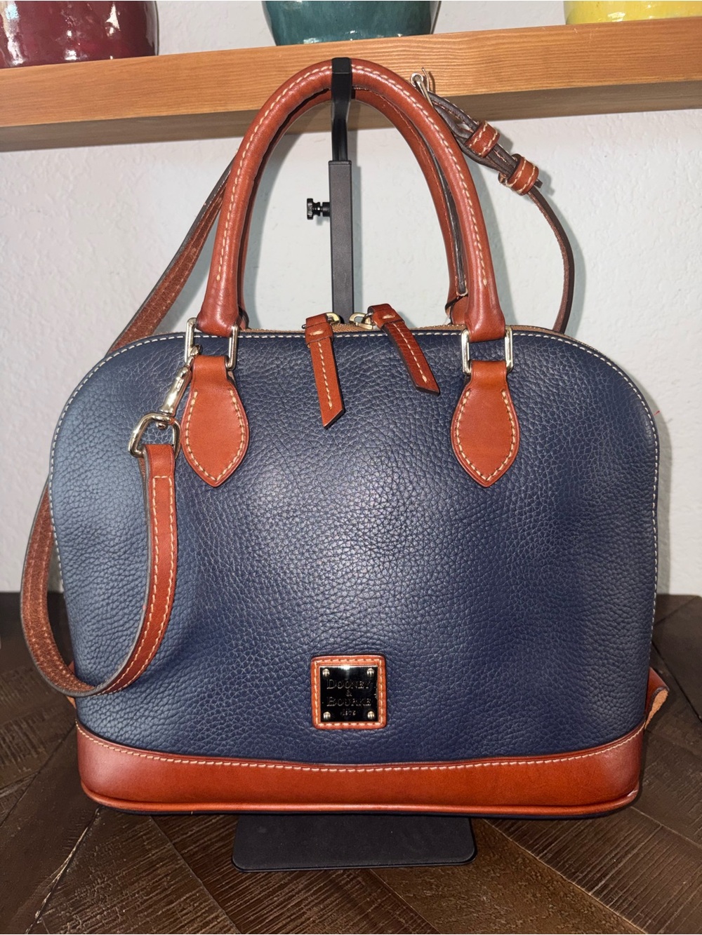 Dooney & Bourke Navy and Brown Pebbled Leather Satchel with Gold Hardware